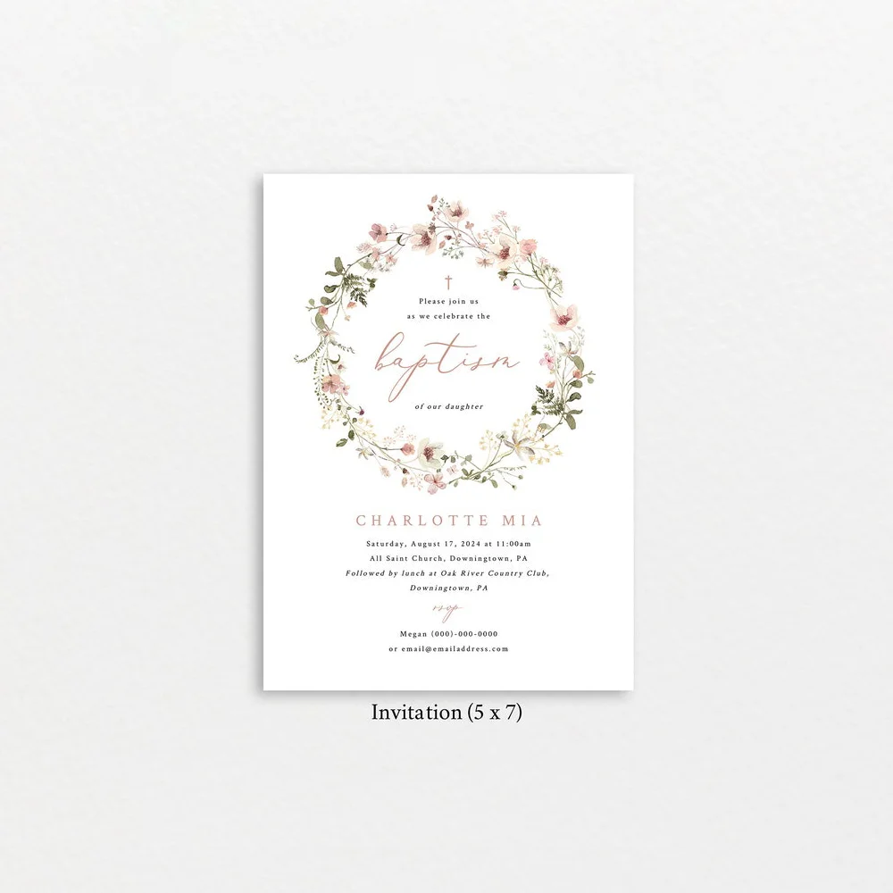 

Personalized Baptism Invitation Card, Rustic Pink Flowers, Customized Pink Baptism Invite Card