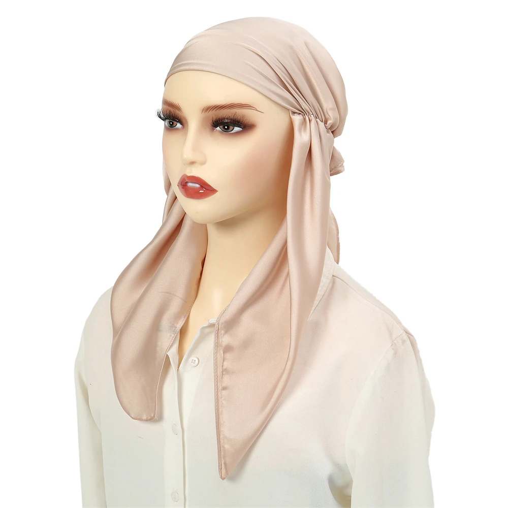 Cappello Turbante in raso tinta unita moda donna sciarpa Pre legata foulard foulard elasticizzato sciarpa Pre-legata Bandana Turbante Hijab musulmano