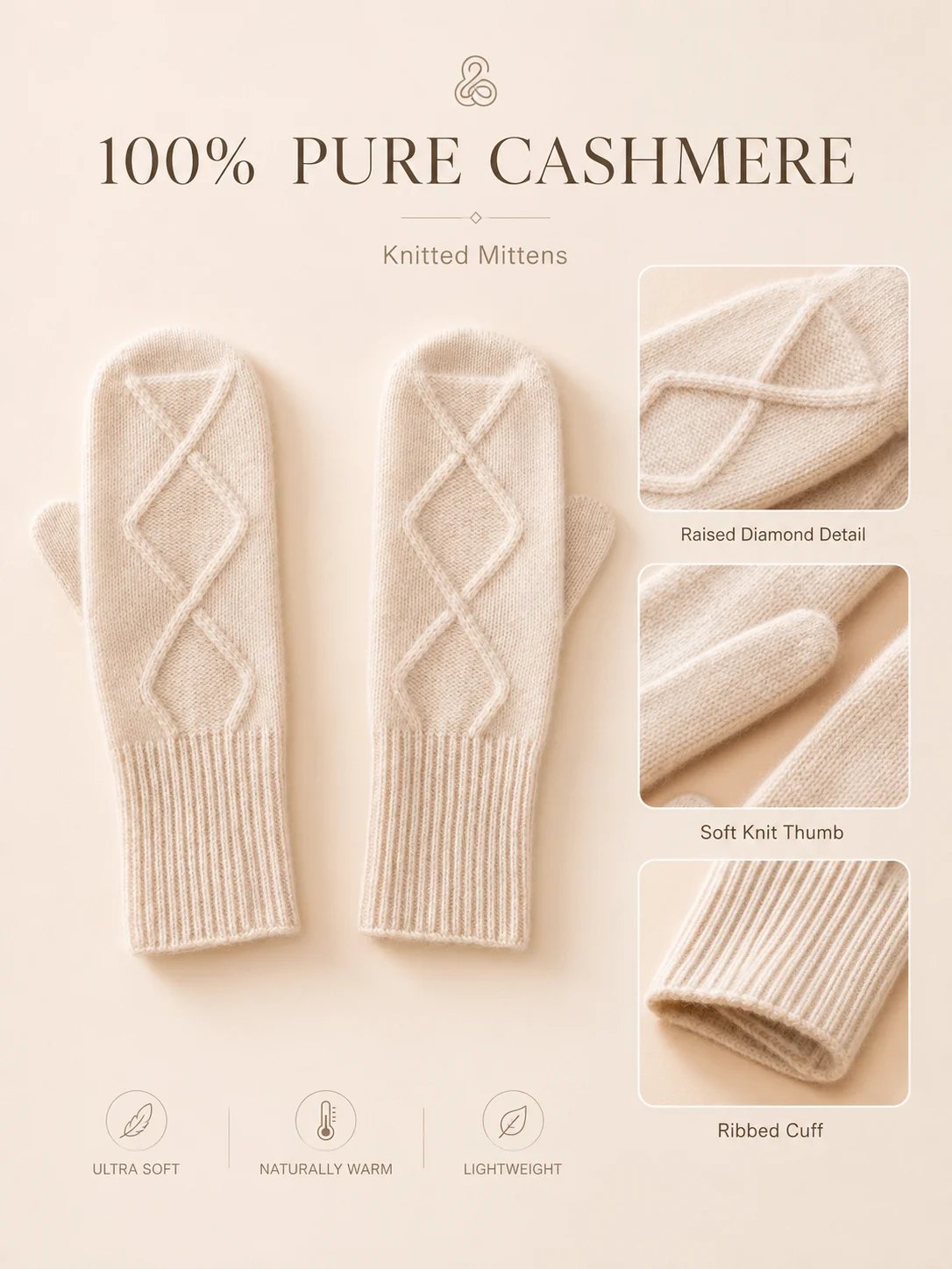 Women Cable Mittens Seamless Knit 100% Pure Cashmere Gloves Thermal Hand Warmers Winter Girls Boys Mitts Cold Weather Essential