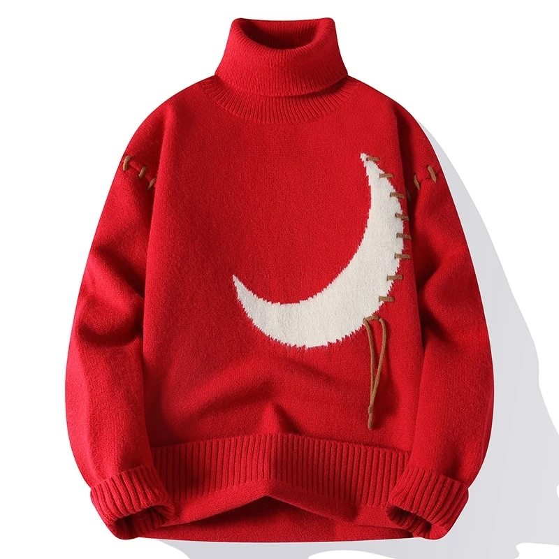 Men's Sweater Moon Printed Knitwear Patchwork Warm Pullovers Autumn Winter New Christmas Jumpers Korean Street Knit