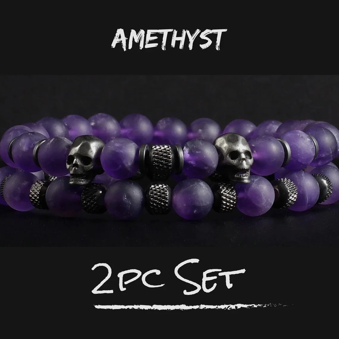 

2pcs/Set Natural Amethyst Amethyst & Vintage Polygon Skull Beads Stretch Bracelet for Men Elastic Stone Bead Handmade Jewelry