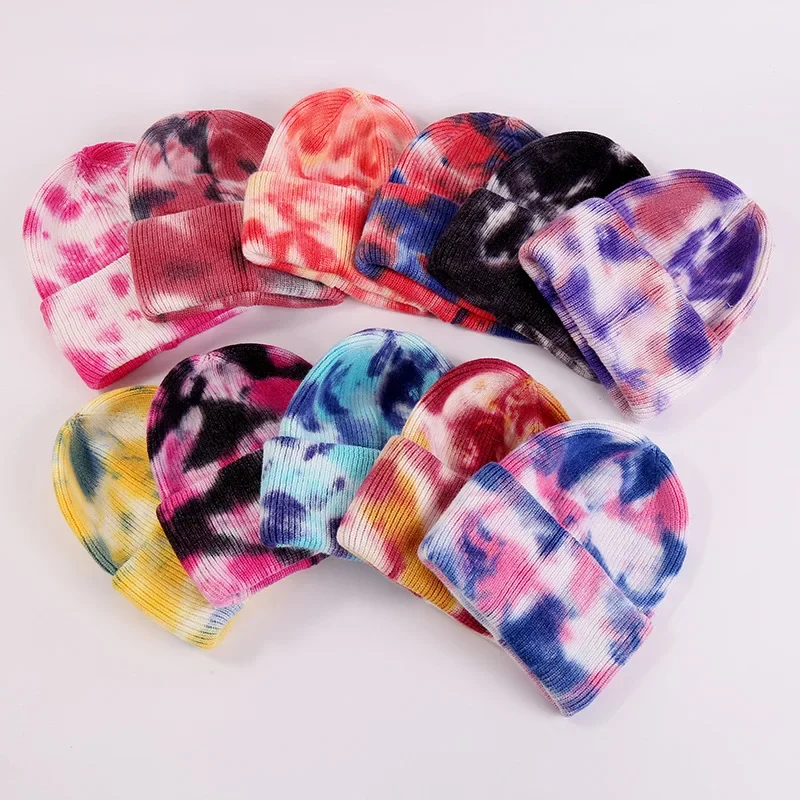Unisex Kühlen Winter Männer Frauen Gradienten Tie Dye Hut Skullies Mützen Acryl Stretch Stricken Sport Winddicht Warme Kurze Melone Kappe r80 – Detail 1