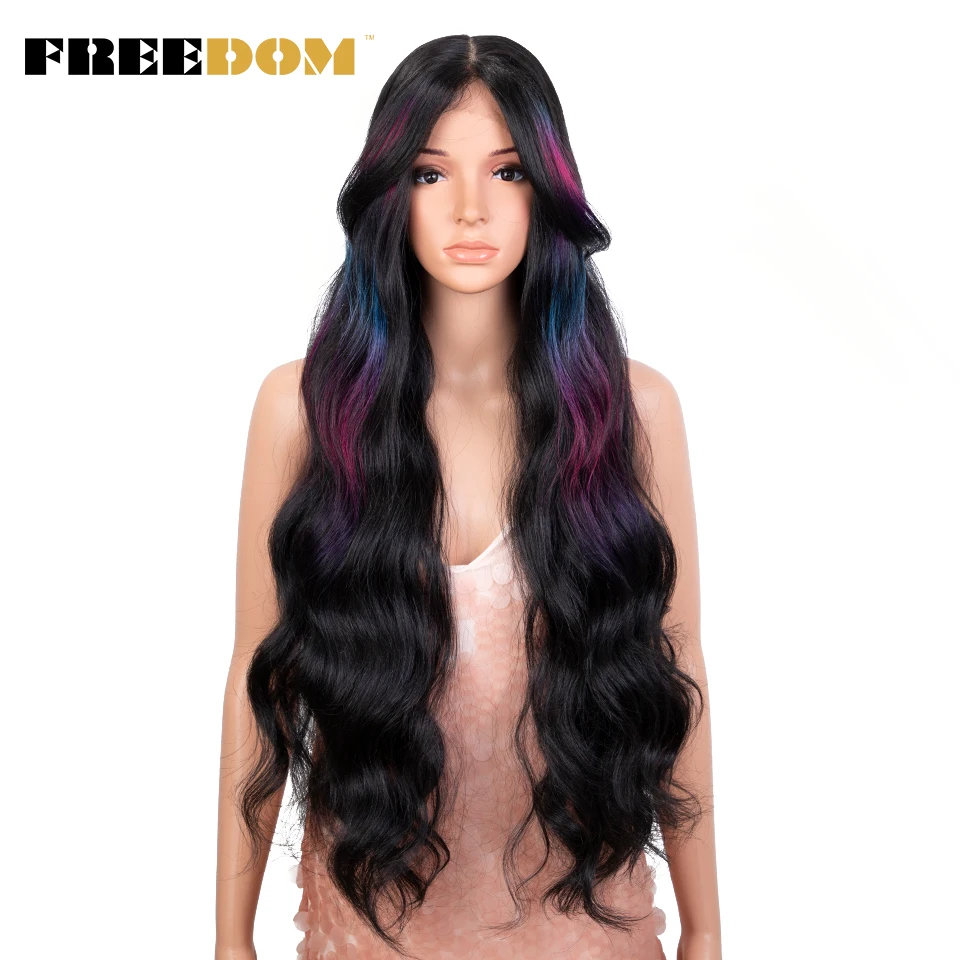 FREEDOM Synthetic Lace Front Wig Long Body Wavy Wig With Bangs Ombre Orange Blue Lace Wigs For Black Women Colorful Cosplay Wigs