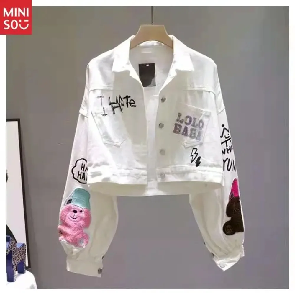 Giacca di jeans bianca Disney da donna primavera e autunno nuovo top ampio a maniche lunghe con stampa di lettere dei cartoni animati