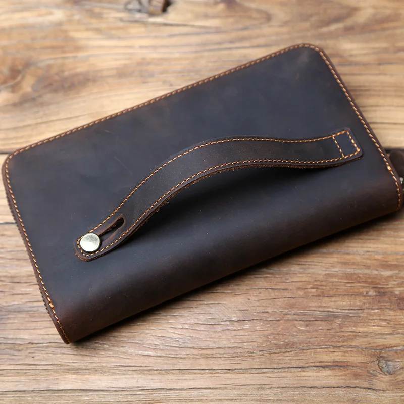 NZPJ Vintage Herren Lange Leder Geldbörse Crazy Horse Leder Handytasche Natürliches Rindsleder Clutch Bag Multifunktionale Geldbörse Kartentasche – Detail 10