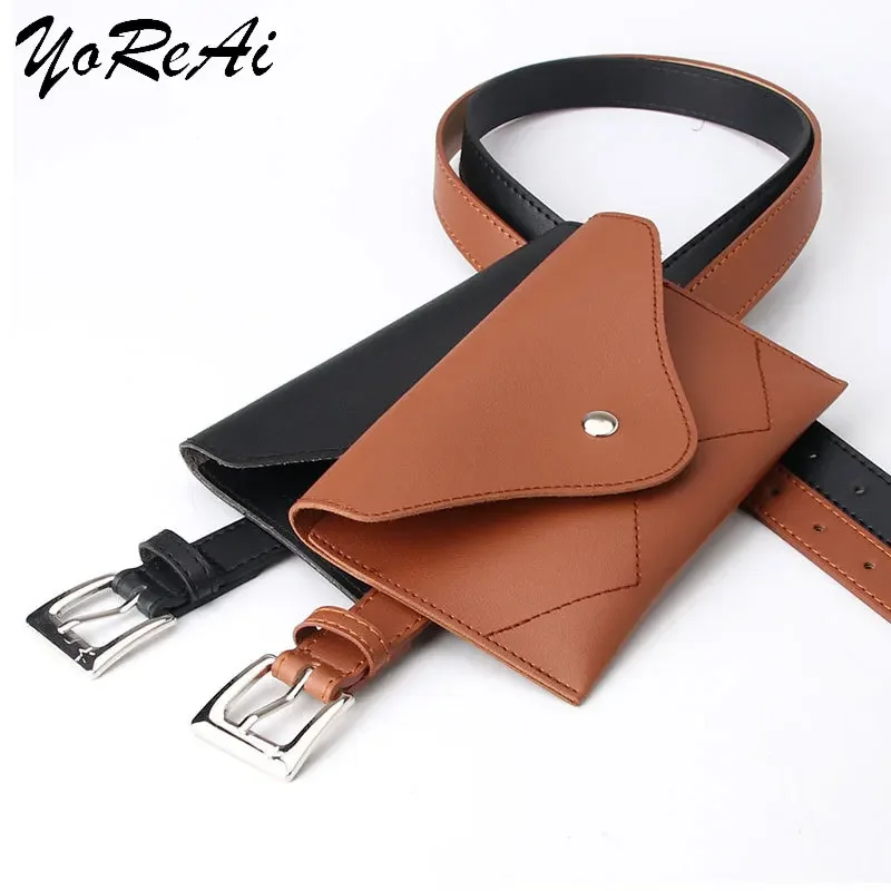 New Women Dress Skirt Decoration Fanny Pack Envelope Bag PU Leather Branded Fashion Women's Small Waist Belts Solid Phone Bags