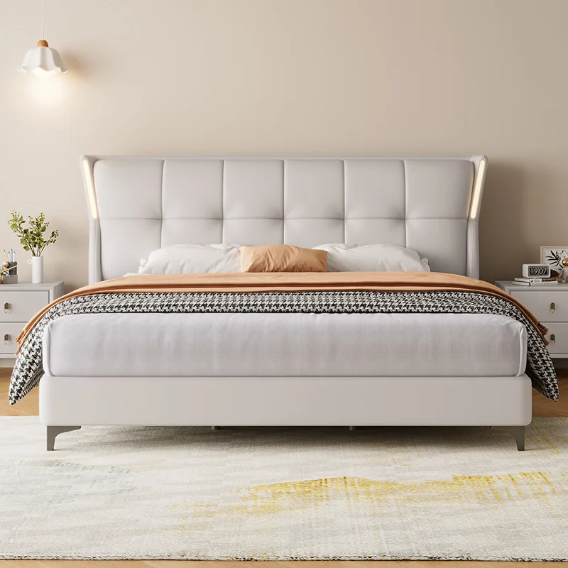 #￥Frame Bedroom Furniture Home Light Wooden Bed with Three Drawers High Quality Cheap Light Luxury Modern LeatherDouble king Bed