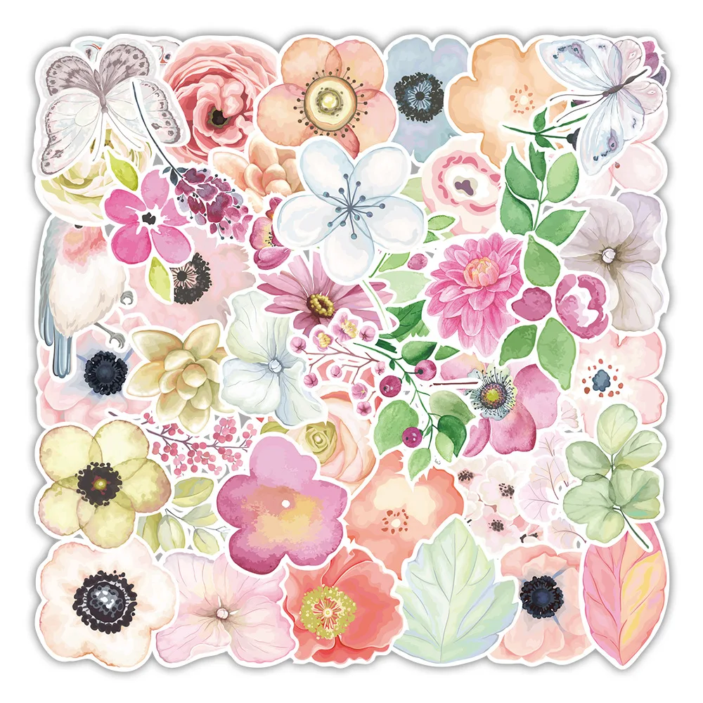 10/30/50pcs Fresh Style Watercolor Flowers Stickers Aesthetic Art Cartoon Decals Scrapbook Phone Luggage Graffiti Sticker Decor