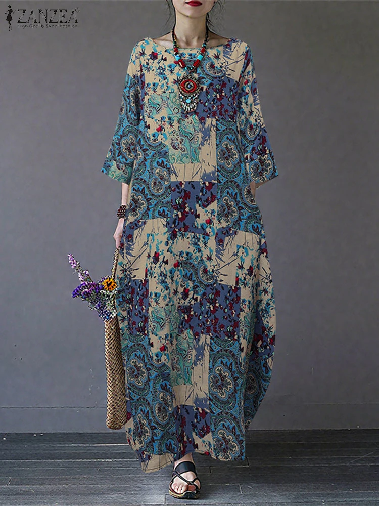 

Осенние платья больших размеров с принтом ZANZEA, винтажное женское платье с круглым вырезом и рукавами 3/4, повседневное свободное хлопковое платье, кафтан, халат Femme