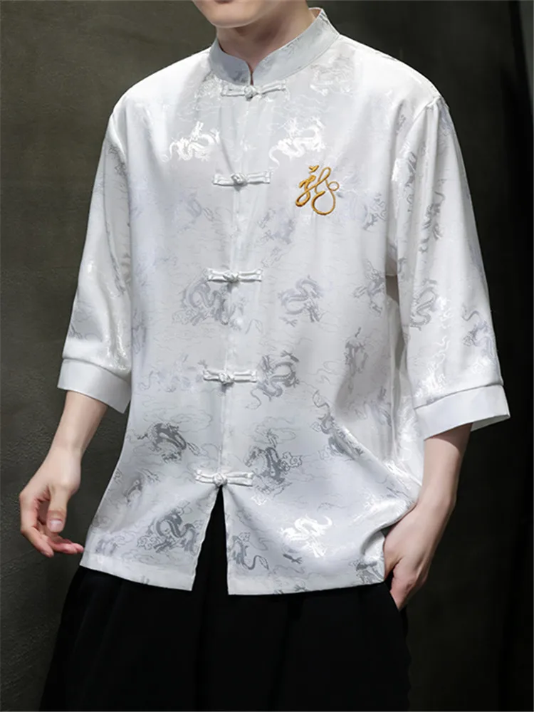 

Ice Silk Men's irt ort Sve Five-Point Mid-Sve Hanfu Tang Costume New Chinese Sle Summer Faion Urban Clothing