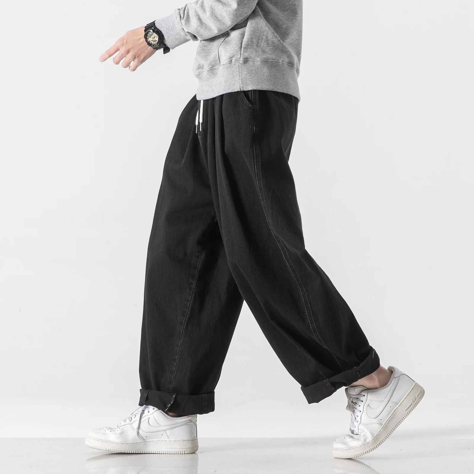 2023 Spring Men Loose Wide Leg Pants Men Vintage Elastic Waist Jeans Male Hip Hop Cotton Solid Color Trousers M-5XL