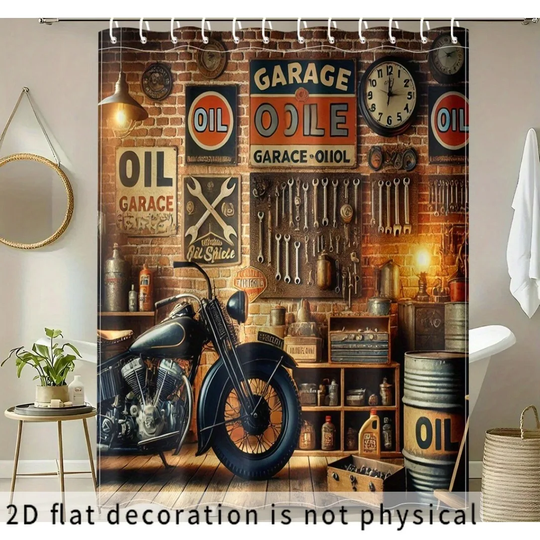 Industrial Garage Shower Curtain Vintage Steampunk Workshop Bathroom Decor Man Cave Utility Tool Art Waterproof Liner