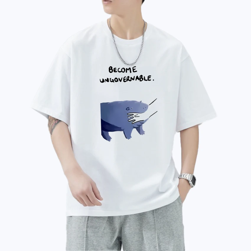 

Harajuku Become Ungovernable Hippo Cute T shirt Unisex Funny Animal Moo Deng Graphic short sleeve T-shirts Men Women Cotton Top