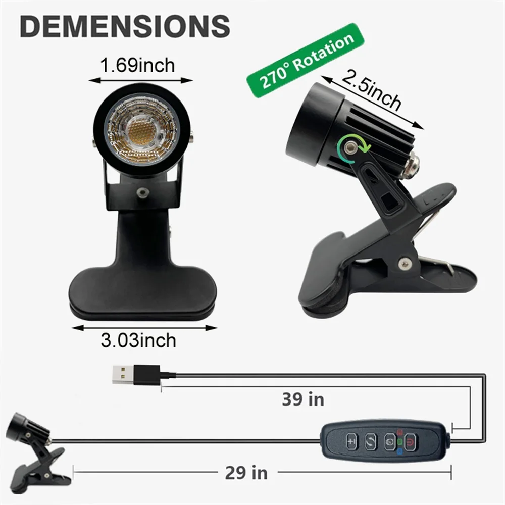LED Clamp Spot Light, 5W 270° Rotatable Head, Clip on Spotlight, Desk Lamp with Clip,3 Color Modes & Dimmable, USB Cable Switch