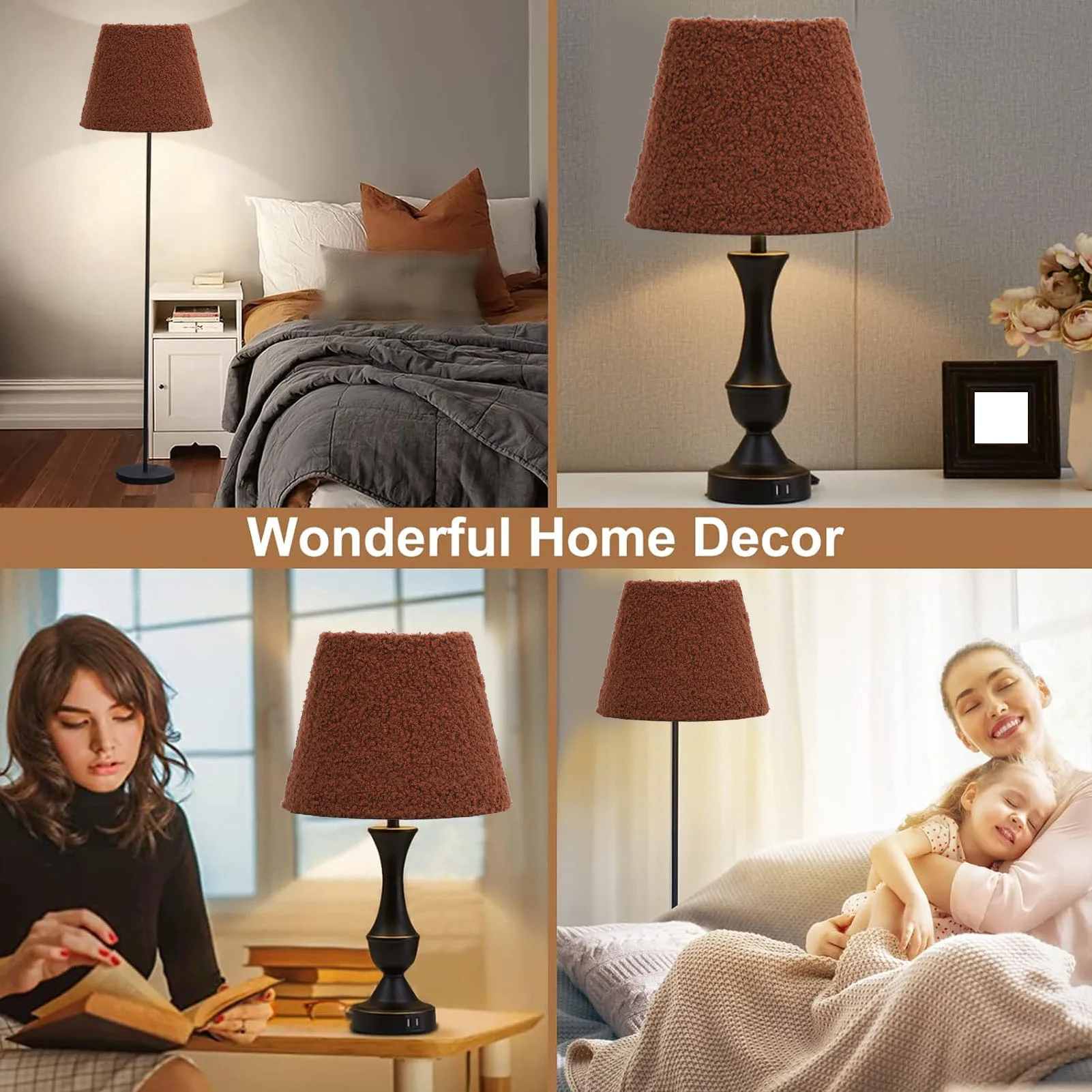 ZK40 Plush Cloth Lamp Shade Replacement Decorative Soft Comfortable Cone Round Lamp Shade for E27 E14 Table Lamp Brown