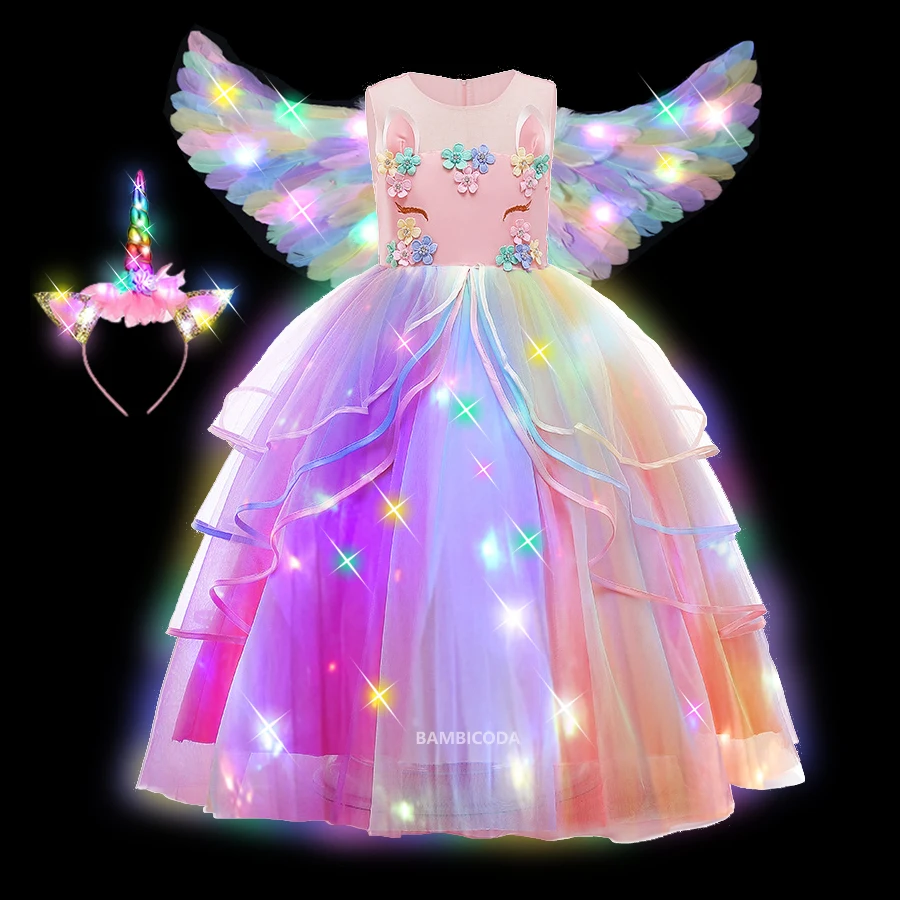 Girls Pastel Unicorn Flower Glowing Tutu Dress Kids Tulle Dress Ball Gown with Ribbons Children Party LED Light Dress up Costume