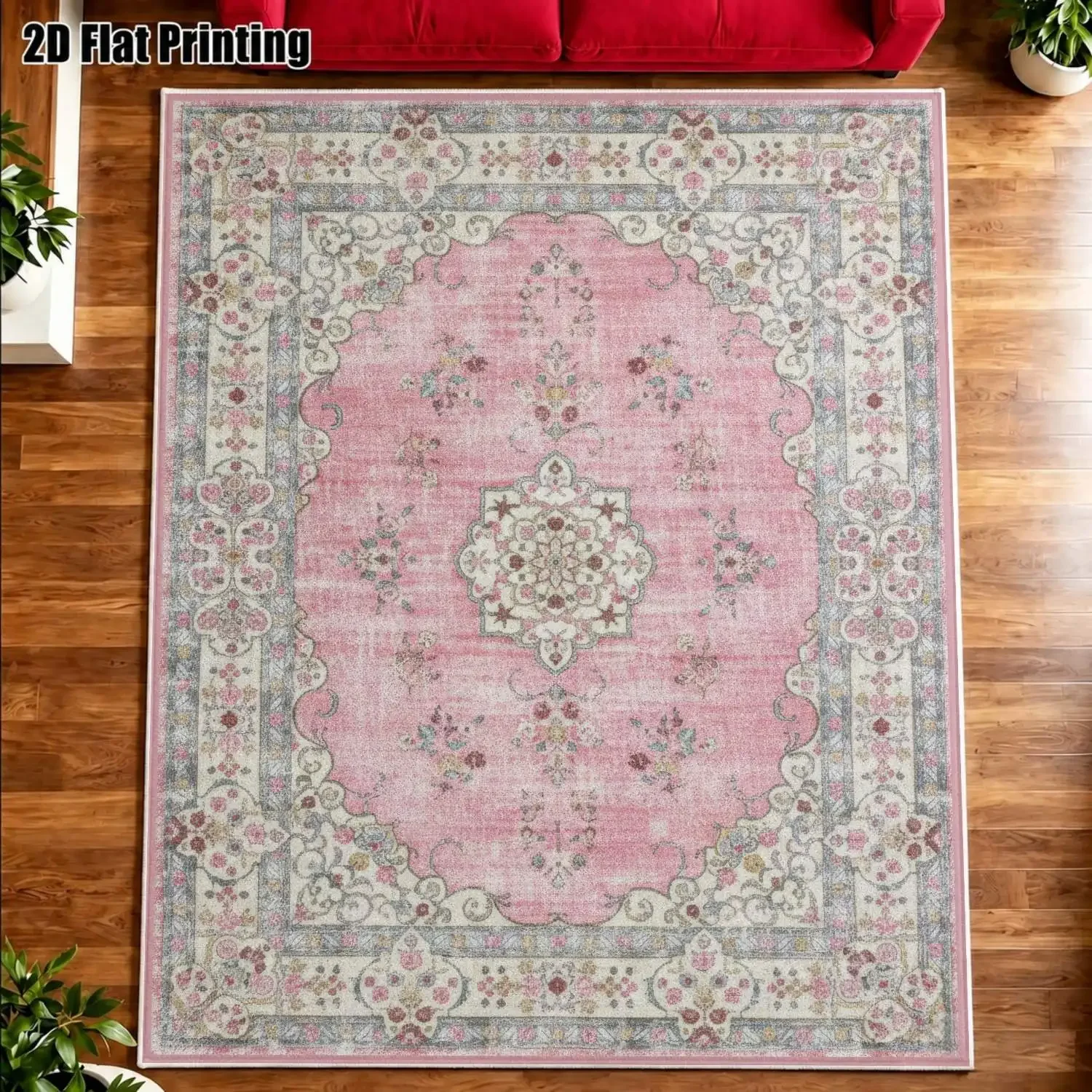 1Pc 2D Printed Pink Flower Velvet Carpet: European Retro Bohemian Geometric Style, Multi-Size Home Decor Mat, Machine Washable f