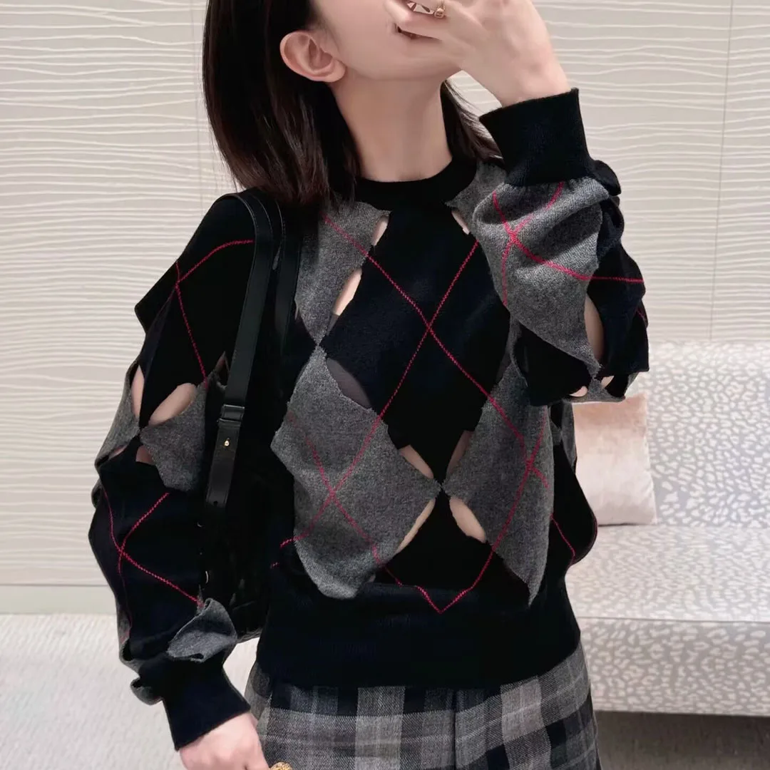 2025 New Spring Fashion Contrast Argyle Pullover Women Knit Sweater O-neck Long Sleeve Novelty Hollow Out Chic Cute Knitwear