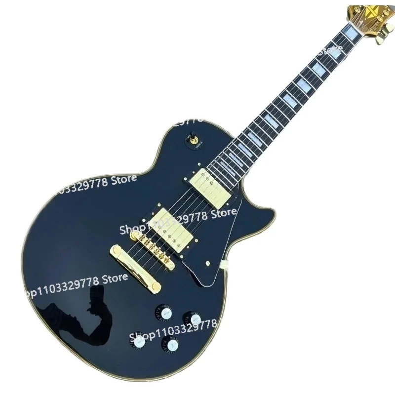 Venta directa de fábrica, guitarra eléctrica negra, etiqueta amarilla y rocío amarillo, accesorios dorados