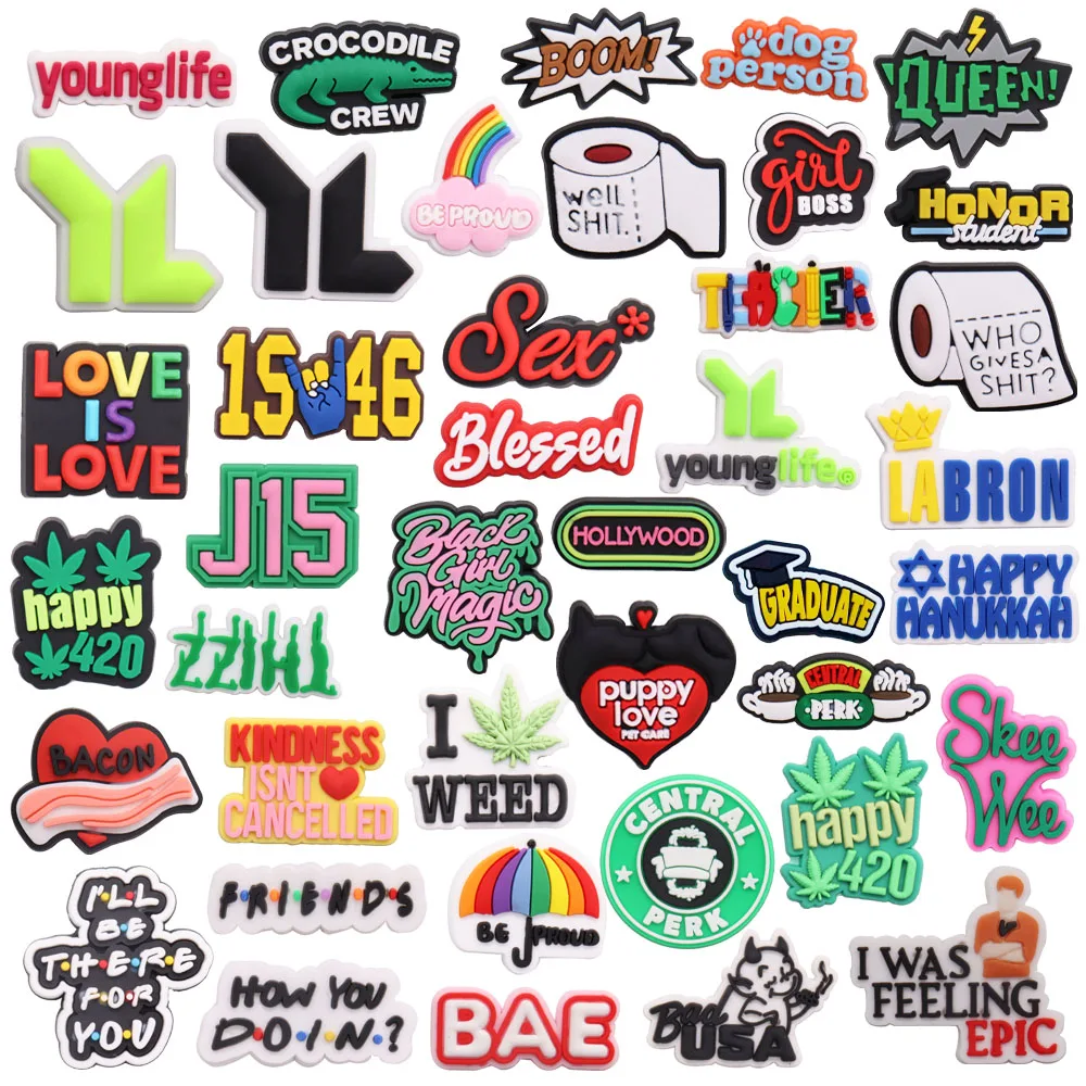 Dijes de PVC para zapatos, decoración de botón de zueco, Cocodrilo, Arco Iris, Bacon, paraguas, bendecida, Boss, Kindness Young, 1-41 piezas