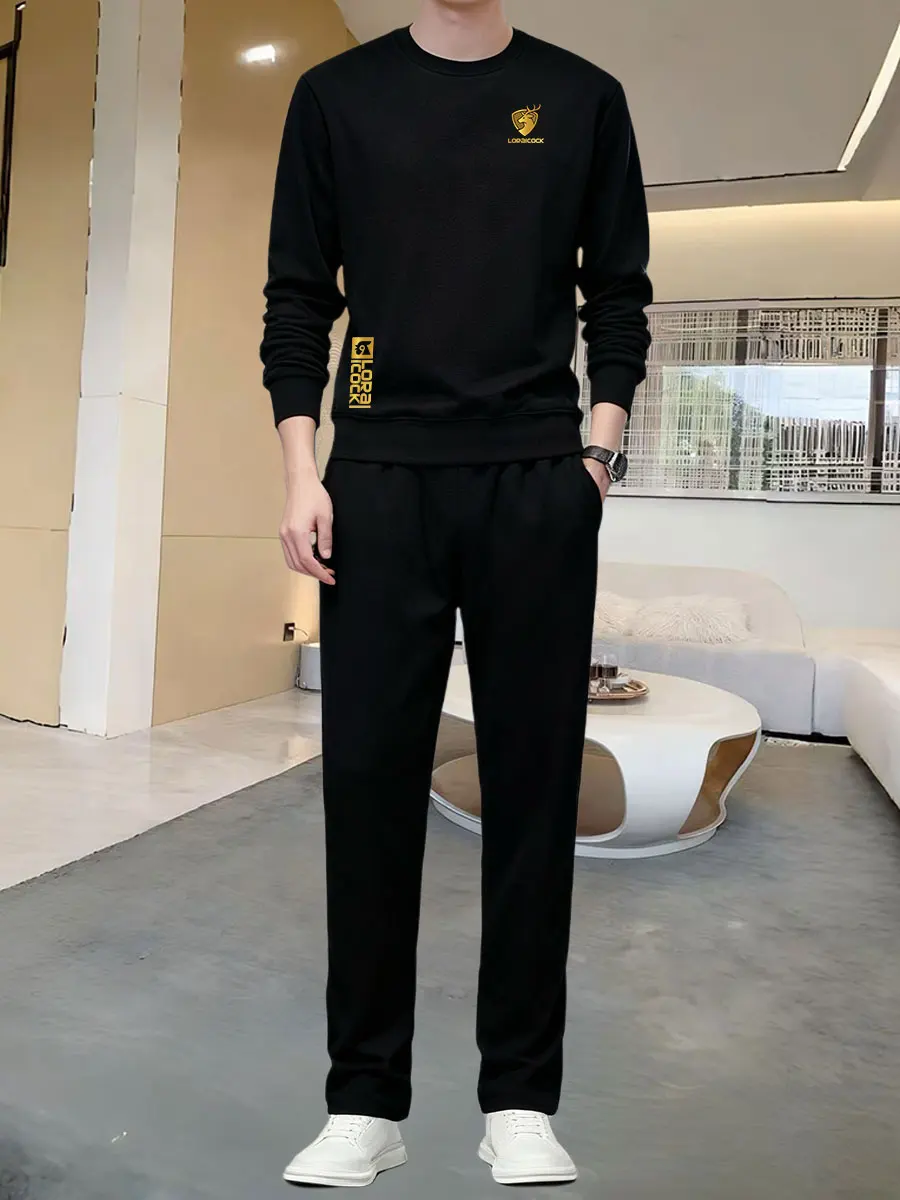 Conjunto Esportivo Masculino de Moletom com Zíper e Forro de Lã, Calça Reta e Camiseta Gola Redonda, Casual, Outono/Inverno, ...