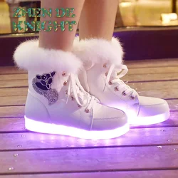 Taglia 35-40 stivali impermeabili in pelle PU per ragazzi stivali da neve per bambini carica USB scarpe incandescenti scarpe luminose calde in peluche per ragazze