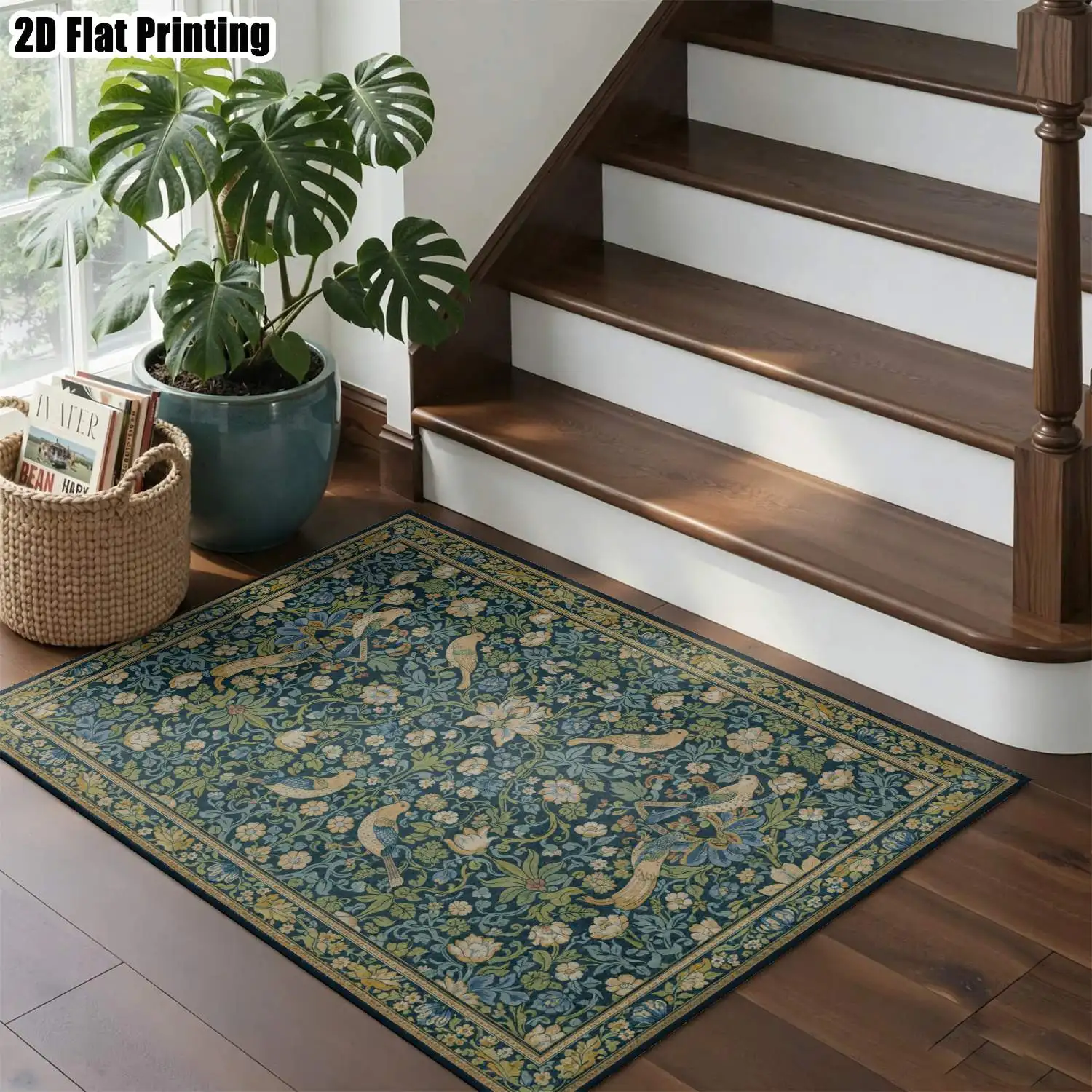 1Pc 2D Printed Carpet: Dark Blue Flower&Bird Pattern, Vintage/European/Bohemian Style, Geometric Striped, Machine Washable, Multi-Size, for Home Decor, Entryway, Dining Room, Foyer, Bedroom, Living Room