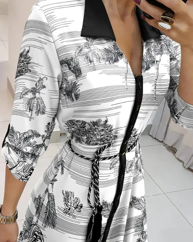 

Womens Dresses Ink Plants Animal Placement Print Turn-Down Collar Roll Up Sleeve Casual Contrast Striped Curved Hem Shirt Dress