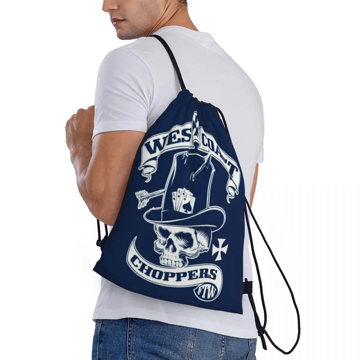 Custom West Coast Iron Motorcycle Cross Choppers Drawstring Backpack Women Men Gym Sport Sackpack Portable Shopping Bag Sack