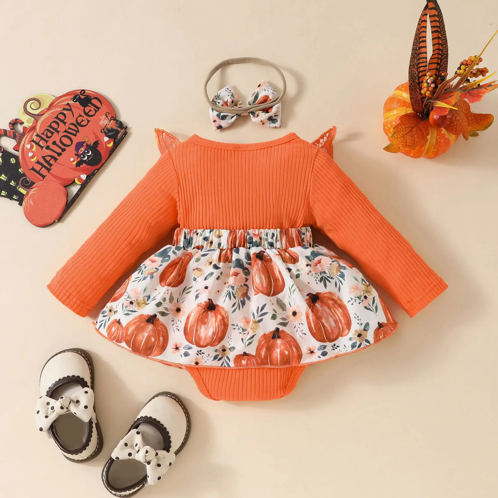 2024 Newborn Baby Girl Dress Long Sleeve Lace Triangle Sweetheart 0-1 Years Old Baby Halloween Pumpkin Bow Dress with Headband