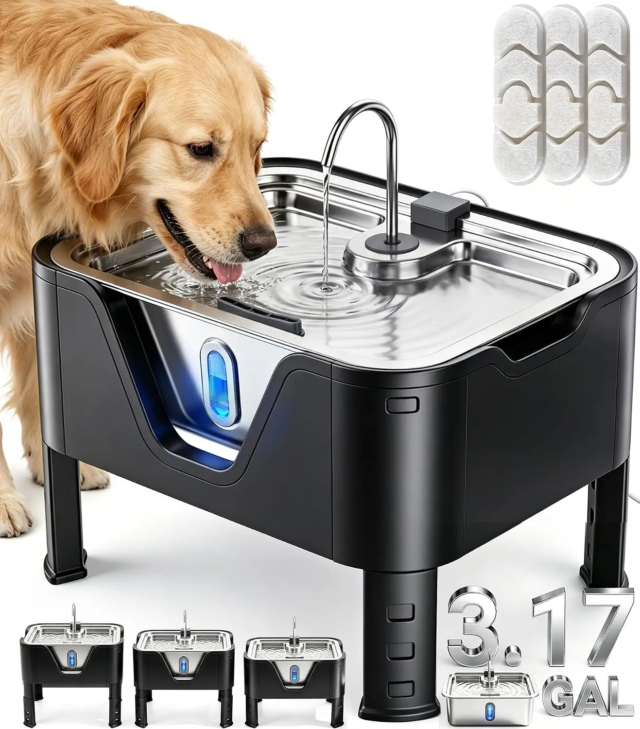 3.17Gal/ 12L Large Dog Water Fountain Elevated Dog Bowls with 3 Filters | 3-Height Adjustable Dog Water Bowl Dispenser, Quiet St