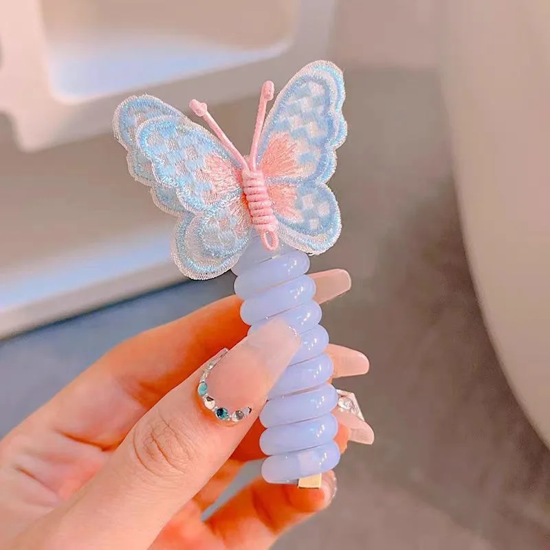 1PC New Lovely Embroidered Butterfly Elastic Spiral Hair Rope Head Rope Ponytail Hair Ring Rubber Band Headdress For Kids