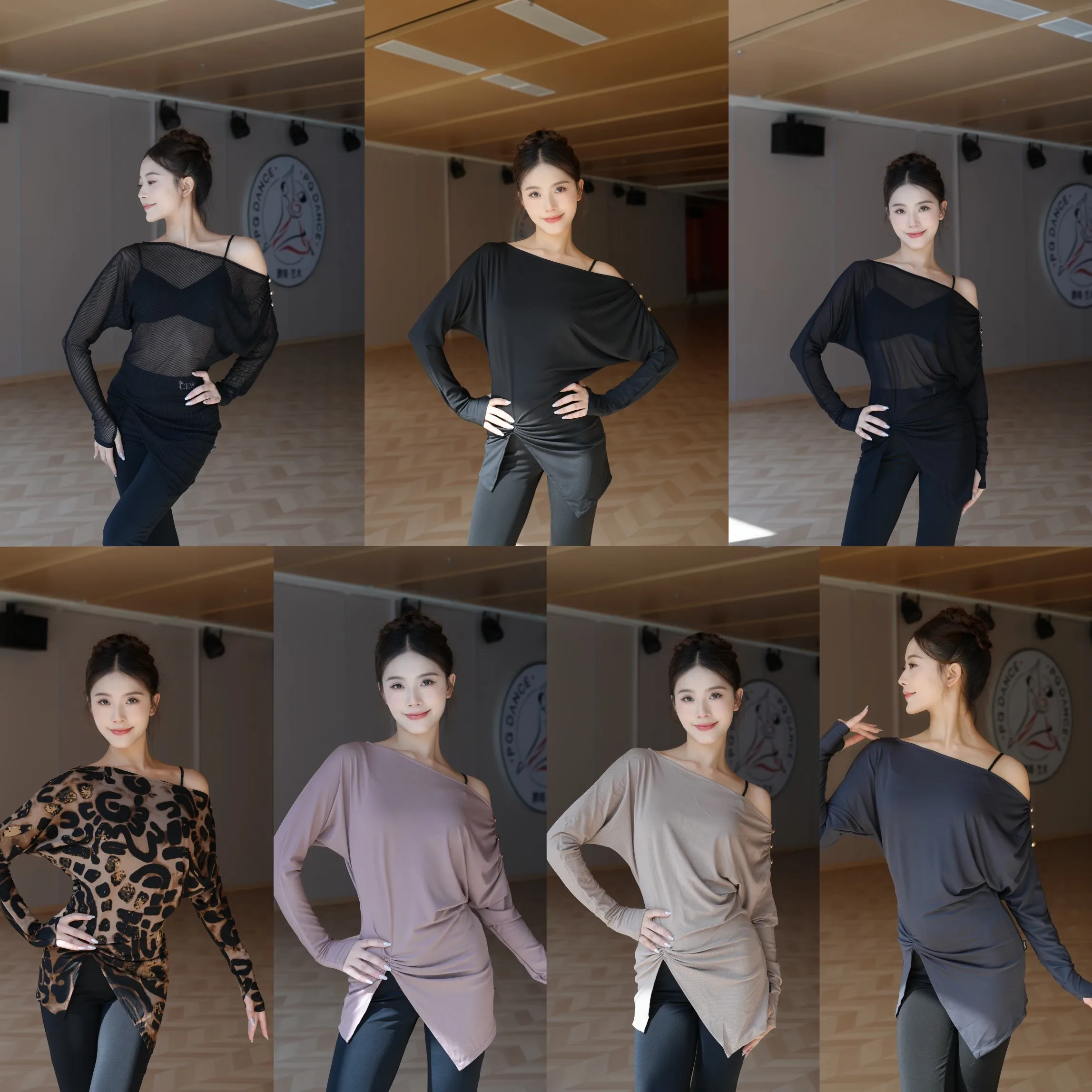 Stroje do tańca latynoamerykańskiego dla kobiet 2025, seksowne bluzki z asymetrycznym dekoltem, siateczkowe, z długim rękawem, odzież do ćwiczeń, ubrania do samby i tańca towarzyskiego DN22211