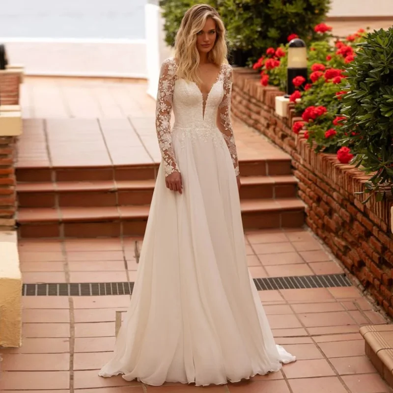Cheap Boho Wedding Dress for Women Bride Long Sleeves V Neck Sequined Applique Chiffon Summer Beach Bridal Gown  Robe Mariee