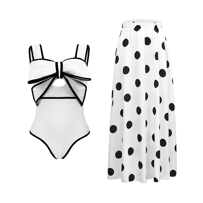 MUOLUX 2024 Women Vintage 3D Bow-tie One Piece Swimsuit Set Vacation Swimwear Beachwear Bathing Suit Bikini Monokini Bodysuit