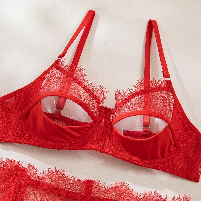 Bikini moda lingerie sexy costume da bagno in pizzo modellante reggicalze reggiseno set di quattro pezzi