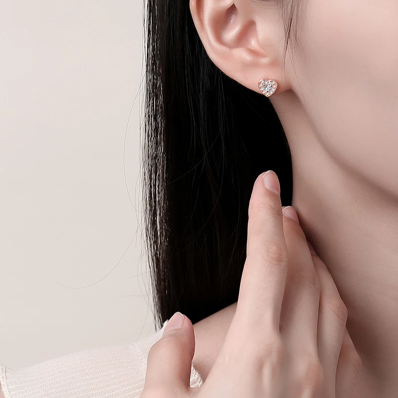 925 Silver Love Earrings For Women Full Diamond Mini Heart Japanese & Korean Style Light Luxury Design Fine Jewelry Party Gift