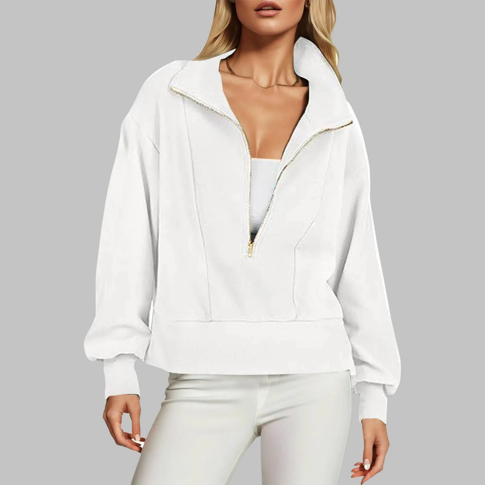 Sweats à capuche zippés pour femmes, pull sans capuche, sweat-shirt respirant, col rond, demi-fermeture éclair, extérieur, document solide, chaud et doux