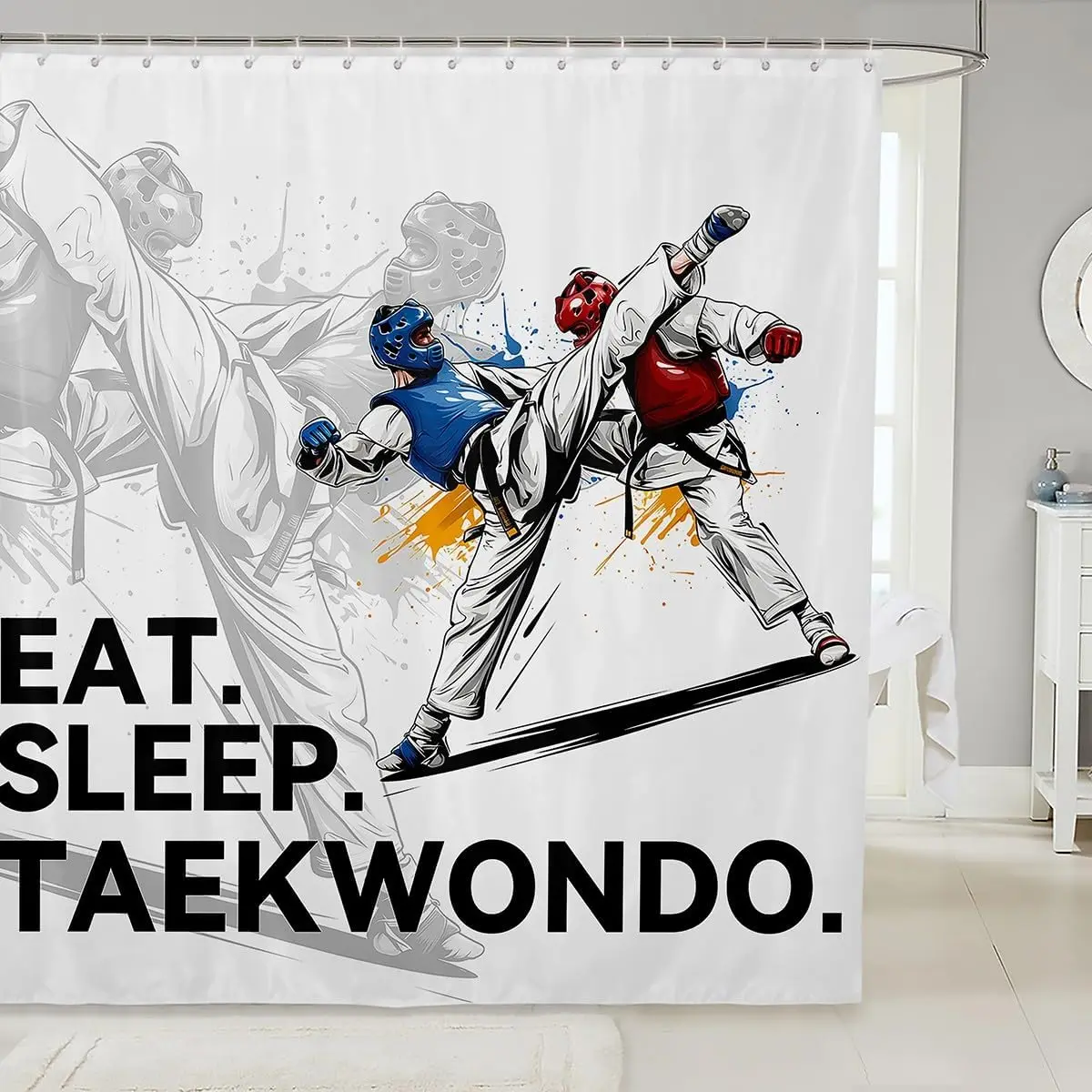 

Занавеска для душа для тхэквондо, тканевая занавеска для душа кунгфу для детей, мальчиков и девочек, боевое искусство, водонепроницаемые аксессуары для ванной комнаты с