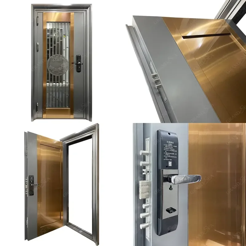 Dubai Cast Vertical Grain Golden Color Frosted Glass Bronze Color Stainless Steel Entrance Door