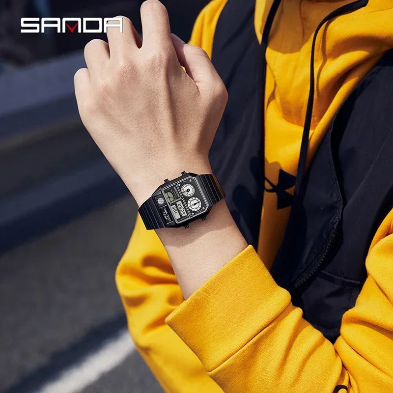 SANDA 3192 ホットセール LED電子スクエアカジュアル多機能温度計ストップウォッチクロノグラフ腕時計