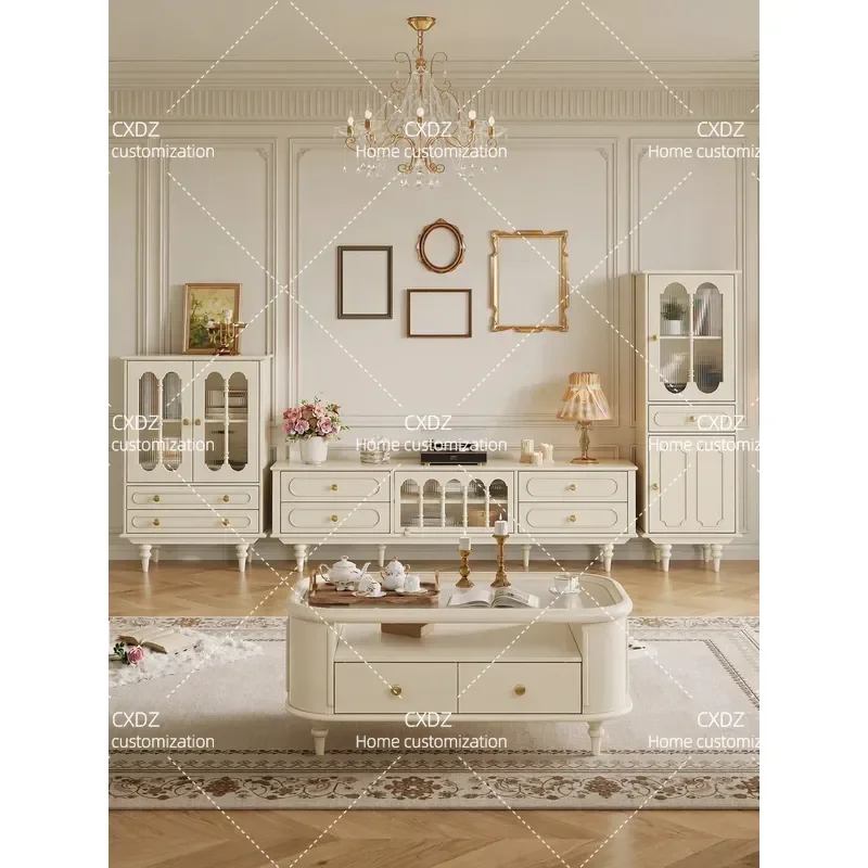 French White Solid Wood Coffee Table and TV Cabinet Combo Living Room Storage Floor Unit Cream Style Household Furniture
