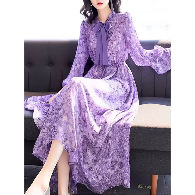 2026 new Summer women's chiffon dress high-end bow floral long sleeve fashion Female dresses Elegant Luxury Party Vestidos Y2K
