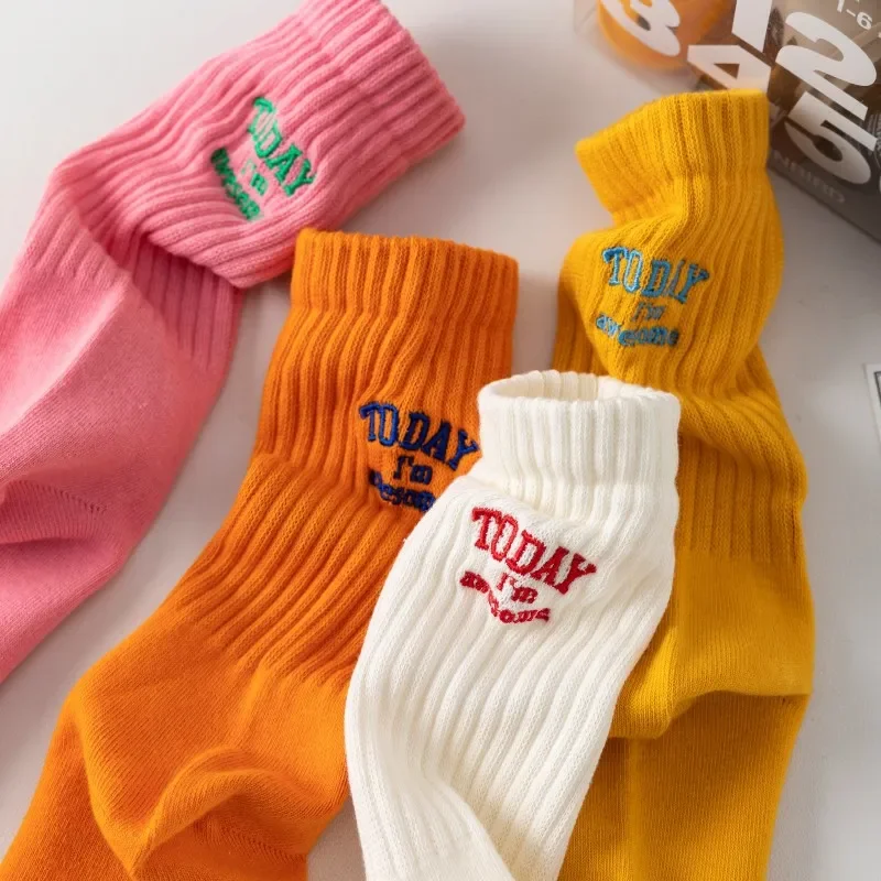 

Funny Socks Cotton Embroidery Letter Today I’m Awesome Japan Korean Designer Socks Couple Mid-tube Sock Sports for Men Women