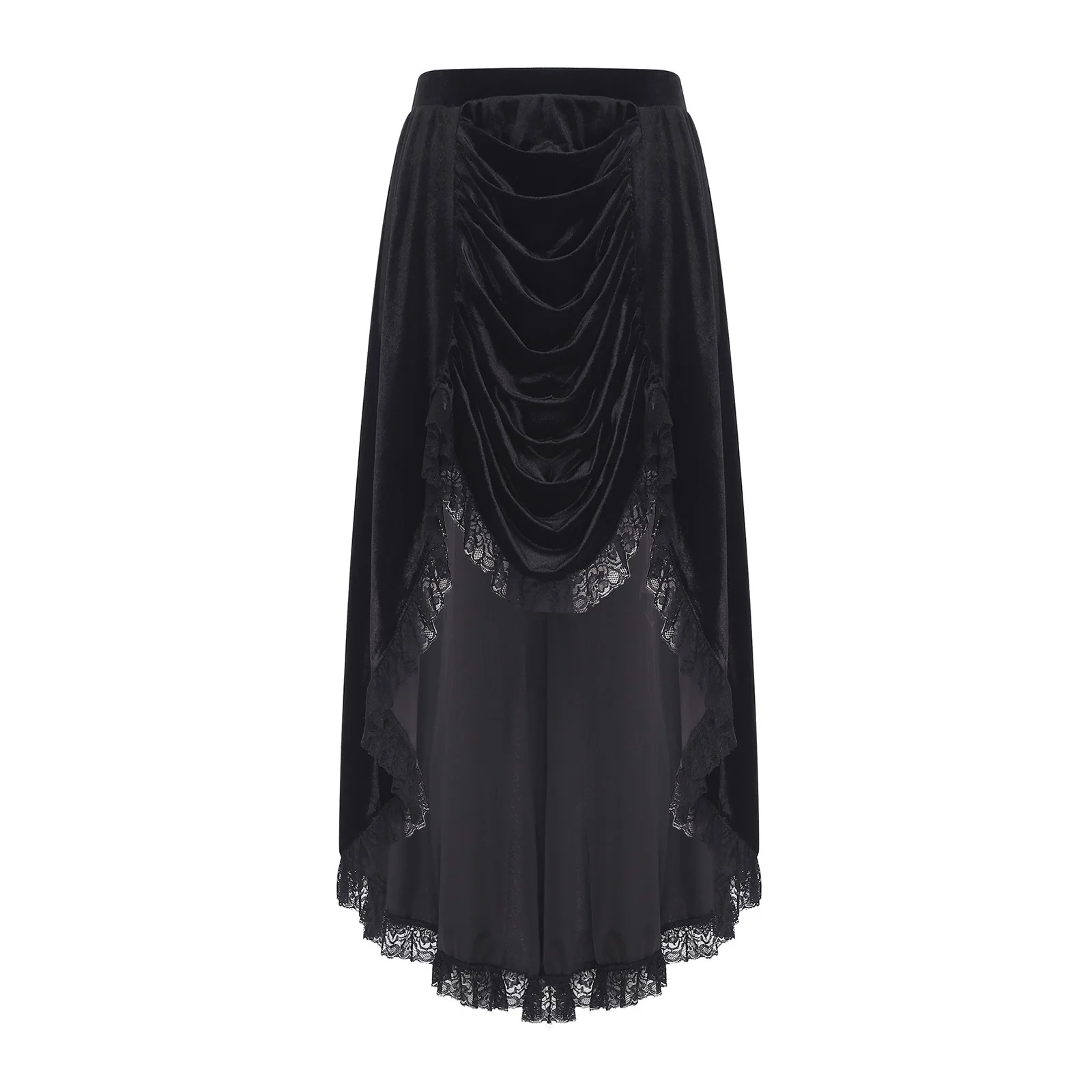 

Women Black Steampunk Victorian Skirts Lace Trim Ruffled High Low Skirt for Halloween Renaissance Medieval Princess Skirts