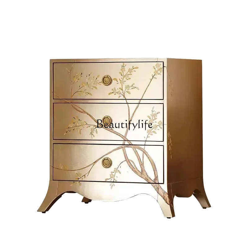 

French light luxury household bedroom solid wood carving flower locker European court high-grade bedside cabinet with drawers