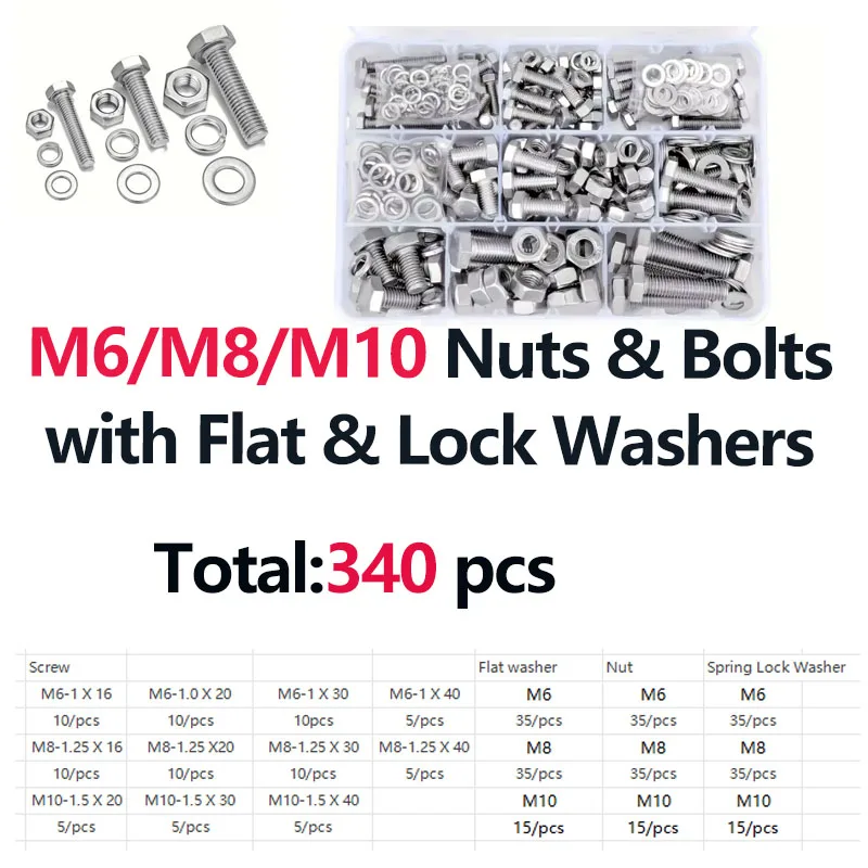 340pcs Stainless Steel Hardware Kit - M6/M8/M10 Nuts & Bolts with Flat & Lock Washers, Durable 304 Metal for Home Repairs & DIY
