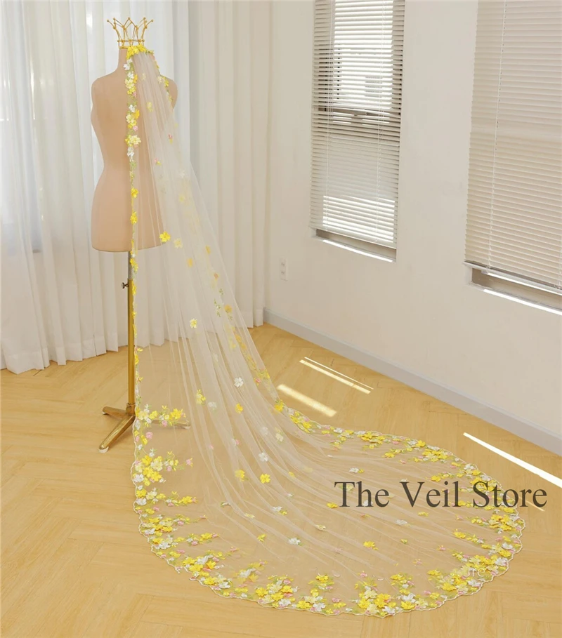 

Желтые 3D цветы цветочные свадебные фаты с кружевной отделкой уникальные цветные индивидуальные аксессуары для собора для невесты жемчуг