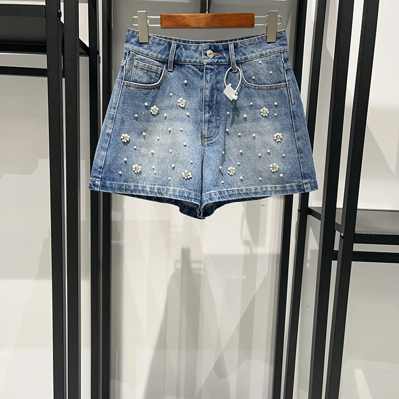Niche 2025, lente/zomer parel-rijn-diamant denim overhemd, knap damespak
