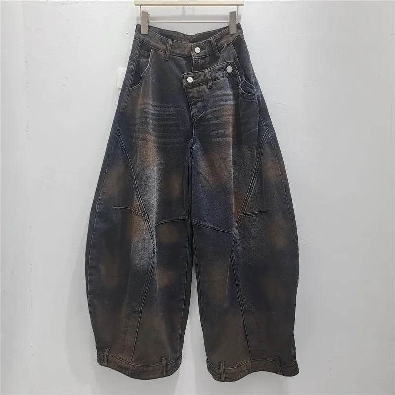 

American Retro Design Irregular Waistband Scythe Jeans for Women, 2026 Spring Street Style Distressed Washed Wide-leg Pants